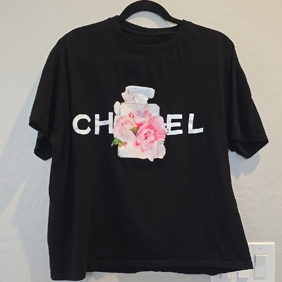inspired Tops - Chanel Black Tee with Pink Floral Graphic